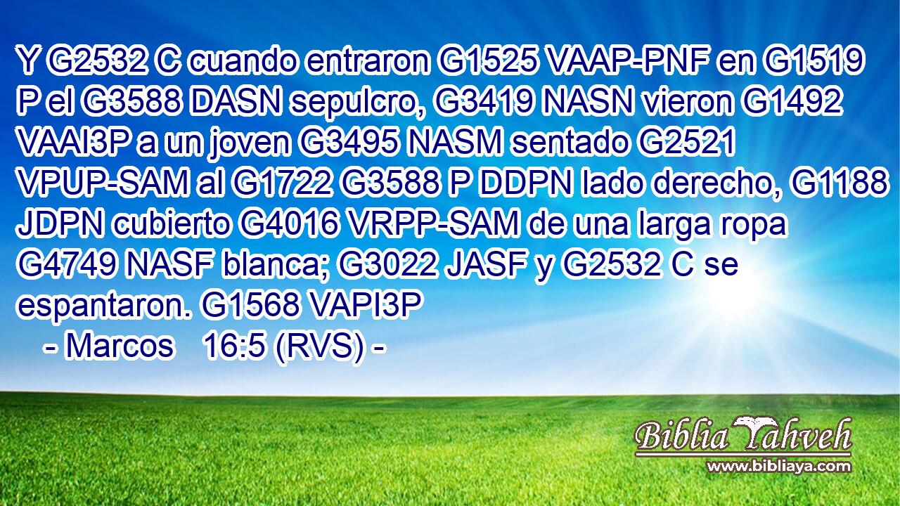 Y G2532 C cuando entraron G1525 VAAP-PNF en G1519 P el G3588 DASN sepulcro, G3419 NASN vieron G1492 VAAI3P a un joven G3495 NASM sentado G2521 VPUP-SAM al G1722 G3588 P DDPN lado derecho, G1188 JDPN cubierto G4016 VRPP-SAM de una larga ropa G4749 NASF blanca; G3022 JASF y G2532 C se espantaron. G1568 VAPI3P 