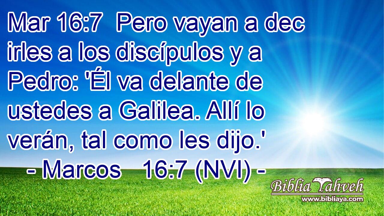 Mar 16:7  Pero vayan a dec irles a los discípulos y a Pedro: 'Él va delante de ustedes a Galilea. Allí lo verán, tal como les dijo.' 