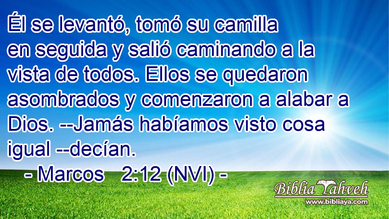  Él se levantó, tomó su camilla en seguida y salió caminando a la vista de todos. Ellos se quedaron asombrados y comenzaron a alabar a Dios. --Jamás habíamos visto cosa igual --decían. 