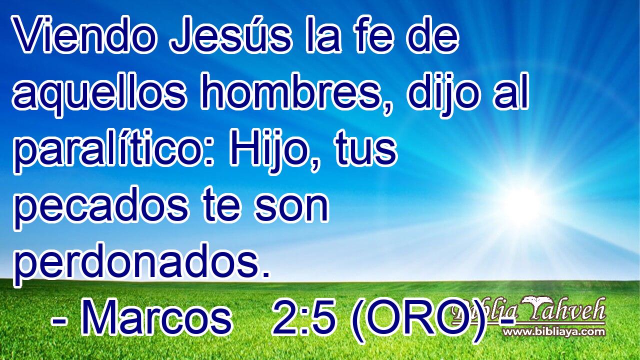  Viendo Jesús la fe de aquellos hombres, dijo al paralítico: Hijo, tus pecados te son perdonados. 