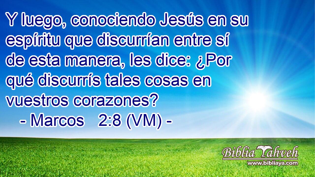 Y luego, conociendo Jesús en su espíritu que discurrían entre sí de esta manera, les dice: ¿Por qué discurrís tales cosas en vuestros corazones? 