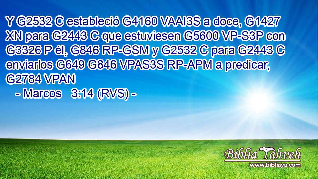 Y G2532 C estableció G4160 VAAI3S a doce, G1427 XN para G2443 C que estuviesen G5600 VP-S3P con G3326 P él, G846 RP-GSM y G2532 C para G2443 C enviarlos G649 G846 VPAS3S RP-APM a predicar, G2784 VPAN 