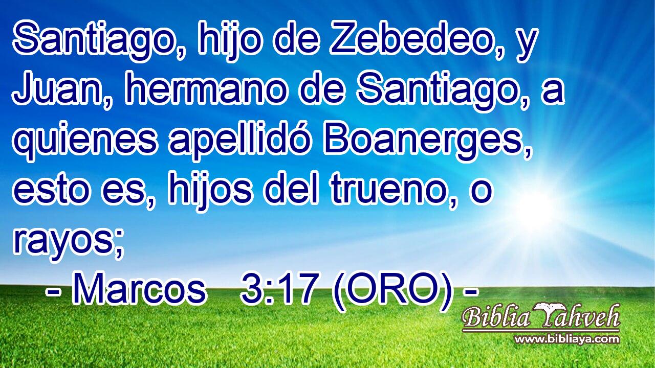 Santiago, hijo de Zebedeo, y Juan, hermano de Santiago, a quienes apellidó Boanerges, esto es, hijos del trueno, o rayos; 