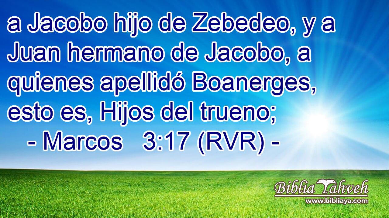 a Jacobo hijo de Zebedeo, y a Juan hermano de Jacobo, a quienes apellidó Boanerges, esto es, Hijos del trueno;