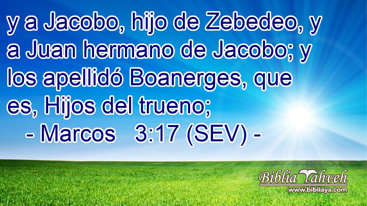 y a Jacobo, hijo de Zebedeo, y a Juan hermano de Jacobo; y los apellidó Boanerges, que es, Hijos del trueno;