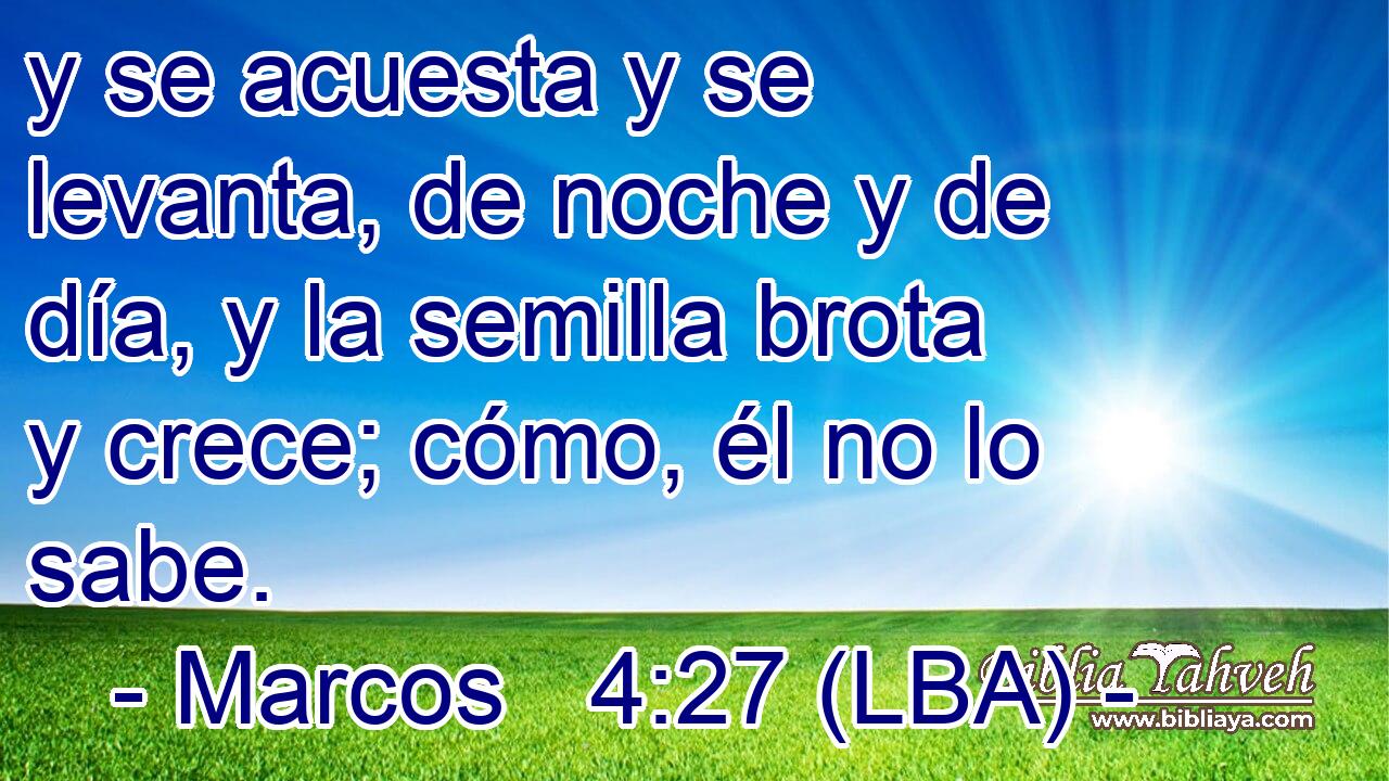 y se acuesta y se levanta, de noche y de día, y la semilla brota y crece; cómo, él no lo sabe.
