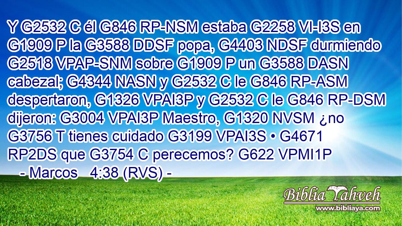 Y G2532 C él G846 RP-NSM estaba G2258 VI-I3S en G1909 P la G3588 DDSF popa, G4403 NDSF durmiendo G2518 VPAP-SNM sobre G1909 P un G3588 DASN cabezal; G4344 NASN y G2532 C le G846 RP-ASM despertaron, G1326 VPAI3P y G2532 C le G846 RP-DSM dijeron: G3004 VPAI3P Maestro, G1320 NVSM ¿no G3756 T tienes cuidado G3199 VPAI3S • G4671 RP2DS que G3754 C perecemos? G622 VPMI1P 