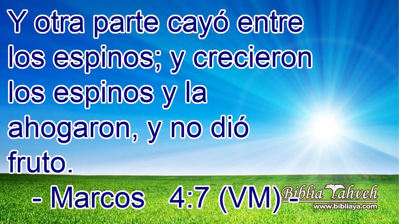  Y otra parte cayó entre los espinos; y crecieron los espinos y la ahogaron, y no dió fruto. 
