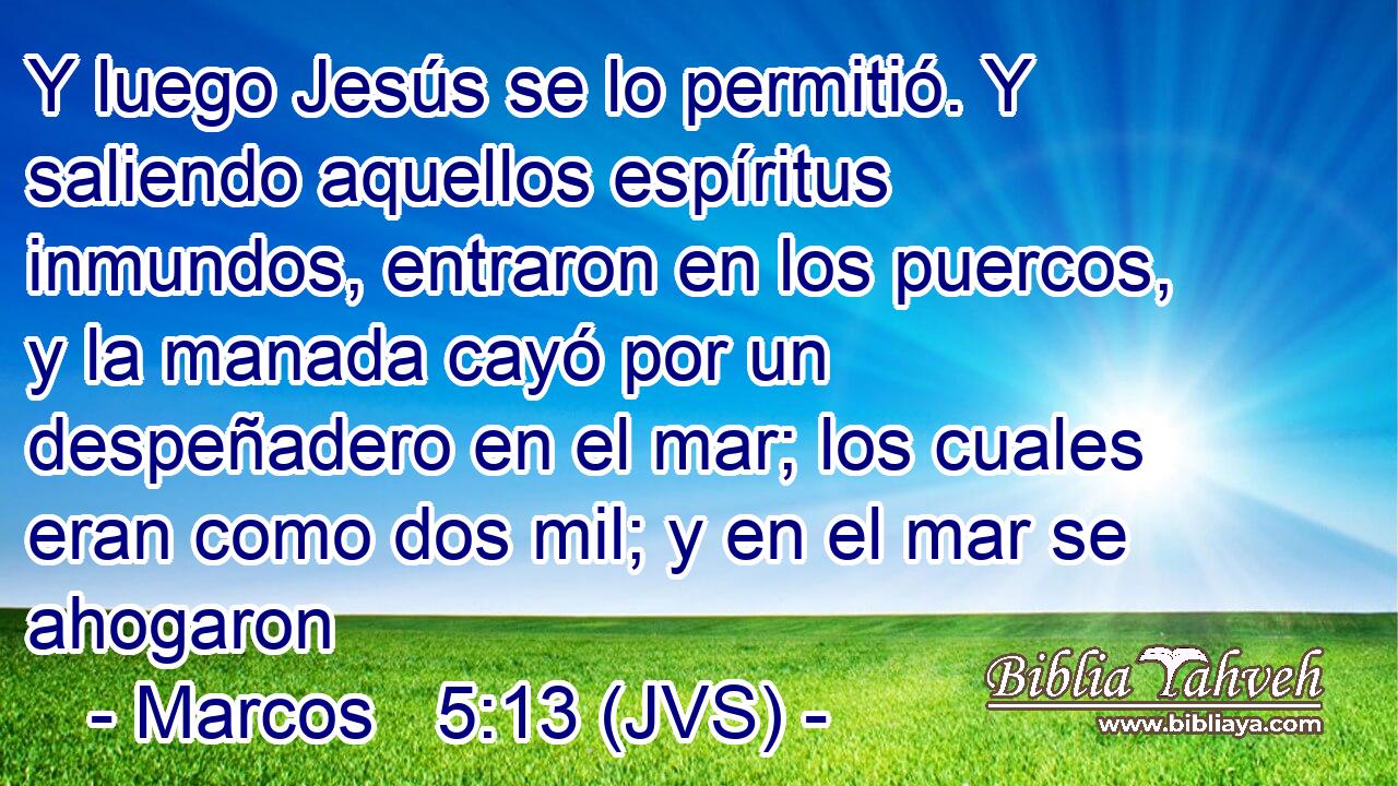 Y luego Jesús se lo permitió. Y saliendo aquellos espíritus inmundos, entraron en los puercos, y la manada cayó por un despeñadero en el mar; los cuales eran como dos mil; y en el mar se ahogaron
