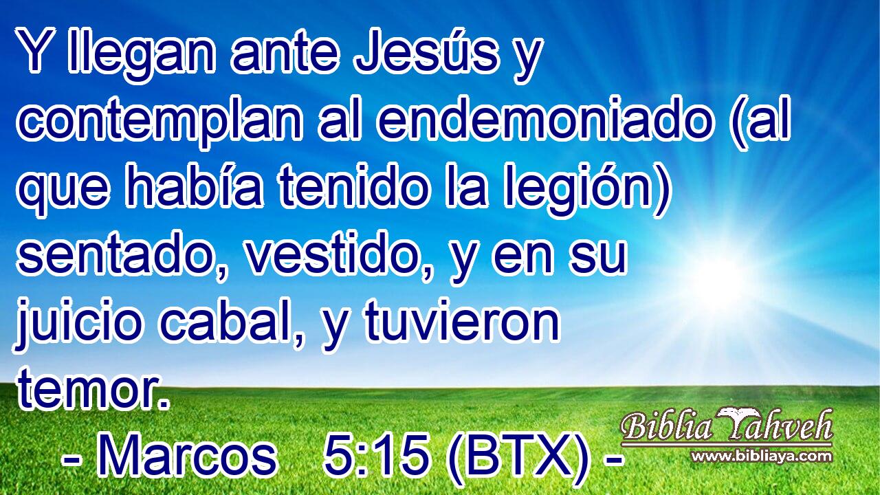 Y llegan ante Jesús y contemplan al endemoniado (al que había tenido la legión) sentado, vestido, y en su juicio cabal, y tuvieron temor.