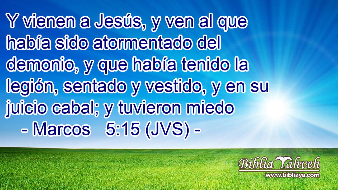 Y vienen a Jesús, y ven al que había sido atormentado del demonio, y que había tenido la legión, sentado y vestido, y en su juicio cabal; y tuvieron miedo