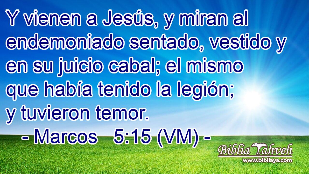  Y vienen a Jesús, y miran al endemoniado sentado, vestido y en su juicio cabal; el mismo que había tenido la legión; y tuvieron temor. 