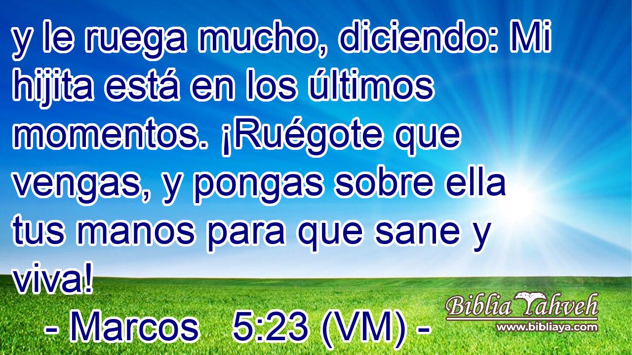  y le ruega mucho, diciendo: Mi hijita está en los últimos momentos. ¡Ruégote que vengas, y pongas sobre ella tus manos para que sane y viva! 