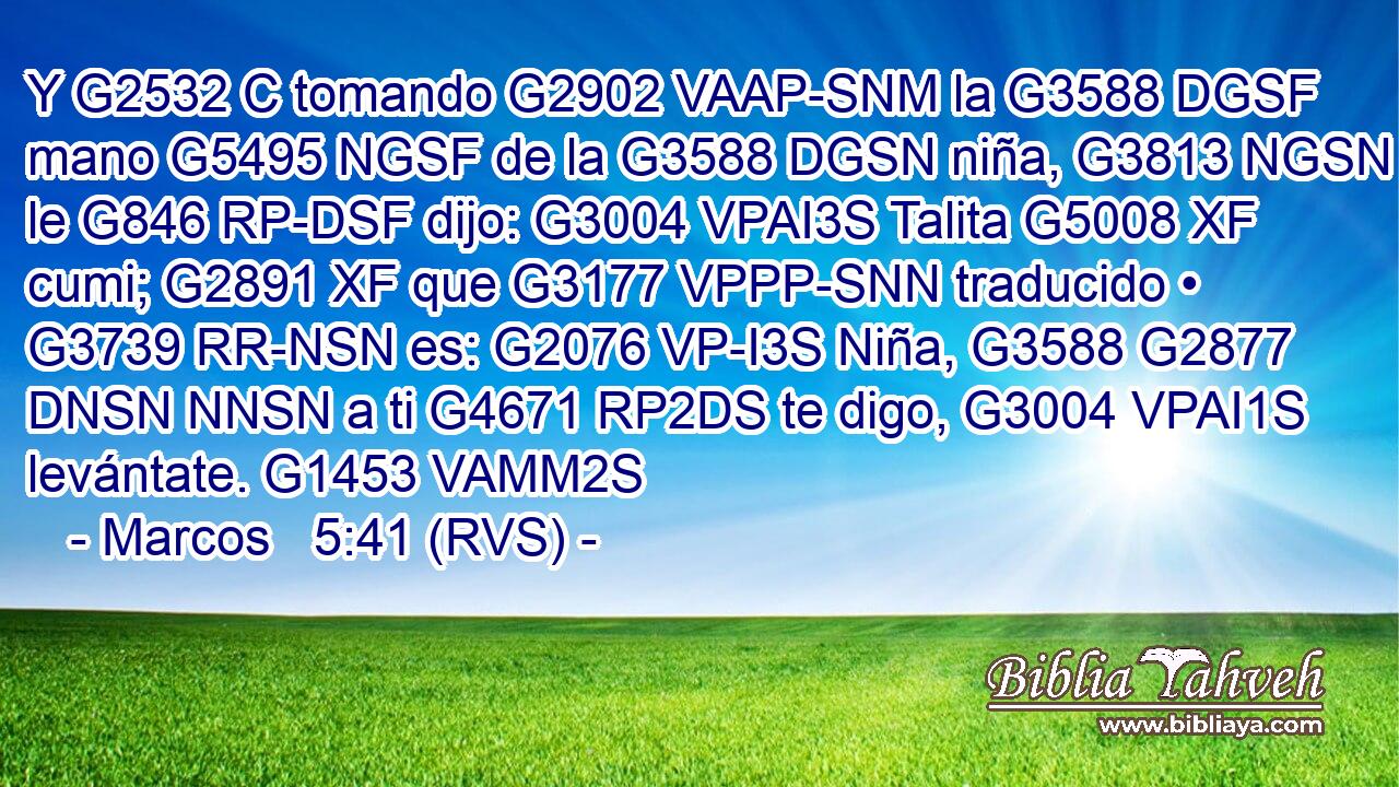Y G2532 C tomando G2902 VAAP-SNM la G3588 DGSF mano G5495 NGSF de la G3588 DGSN niña, G3813 NGSN le G846 RP-DSF dijo: G3004 VPAI3S Talita G5008 XF cumi; G2891 XF que G3177 VPPP-SNN traducido • G3739 RR-NSN es: G2076 VP-I3S Niña, G3588 G2877 DNSN NNSN a ti G4671 RP2DS te digo, G3004 VPAI1S levántate. G1453 VAMM2S 