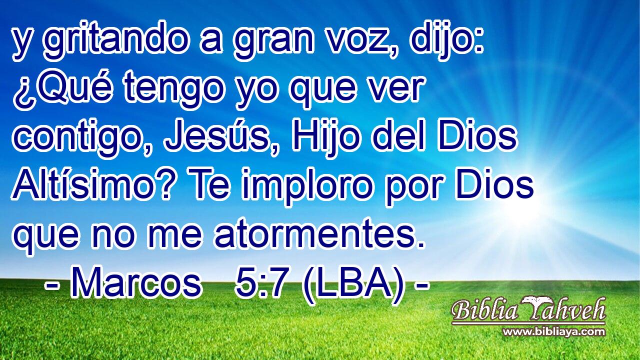 y gritando a gran voz, dijo: ¿Qué tengo yo que ver contigo, Jesús, Hijo del Dios Altísimo? Te imploro por Dios que no me atormentes.