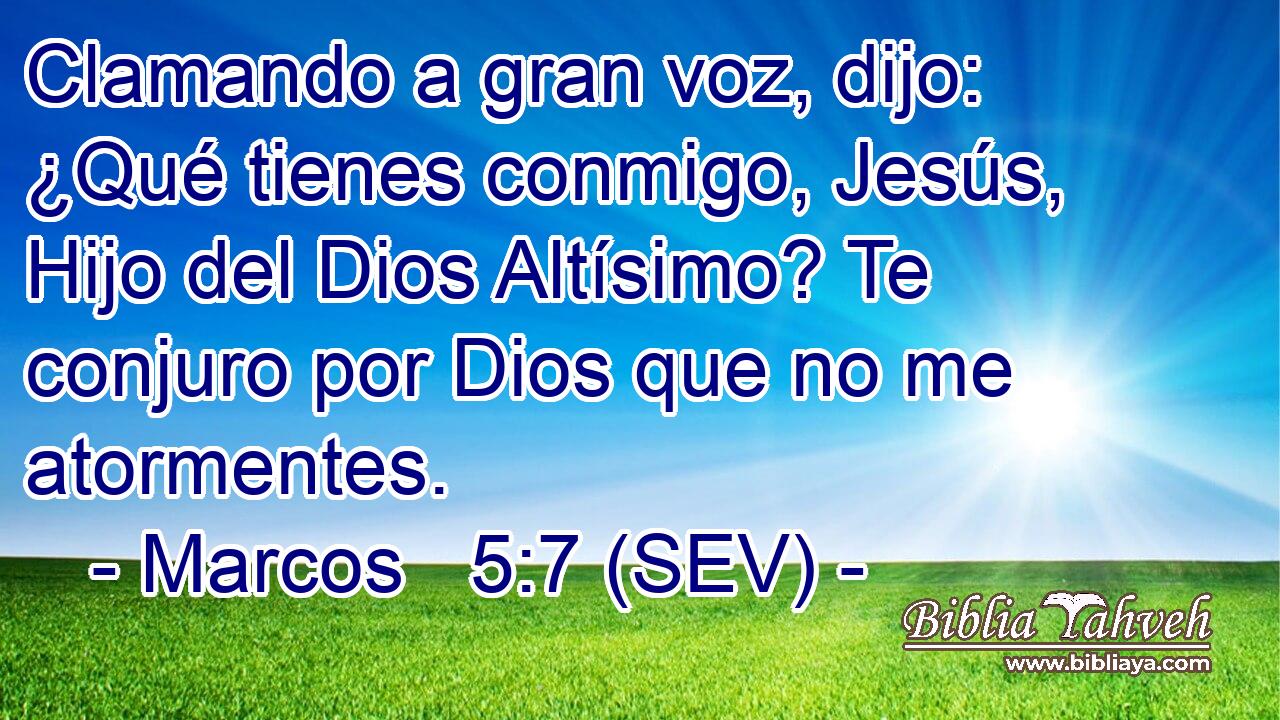 Clamando a gran voz, dijo: ¿Qué tienes conmigo, Jesús, Hijo del Dios Altísimo? Te conjuro por Dios que no me atormentes.