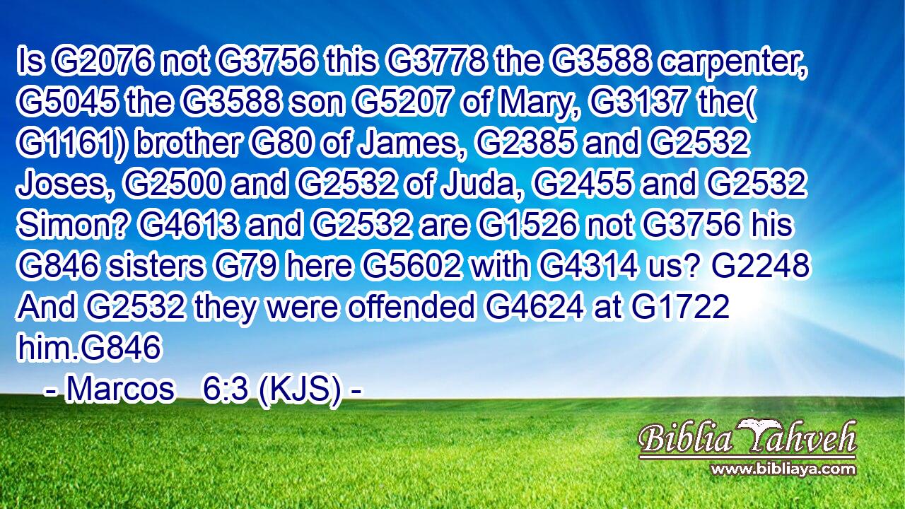 Is G2076 not G3756 this G3778 the G3588 carpenter, G5045 the G3588 son G5207 of Mary, G3137 the( G1161) brother G80 of James, G2385 and G2532 Joses, G2500 and G2532 of Juda, G2455 and G2532 Simon? G4613 and G2532 are G1526 not G3756 his G846 sisters G79 here G5602 with G4314 us? G2248 And G2532 they were offended G4624 at G1722 him.G846