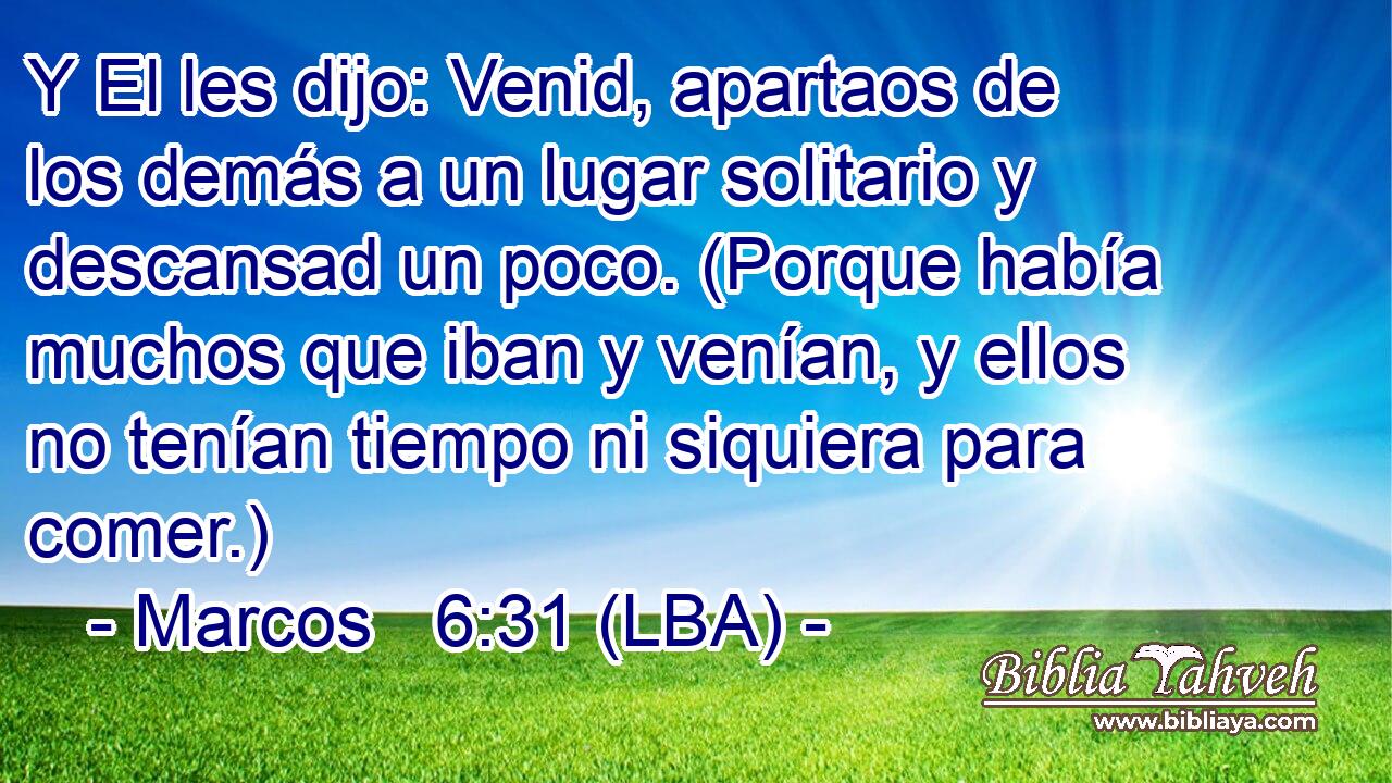 Y El les dijo: Venid, apartaos de los demás a un lugar solitario y descansad un poco. (Porque había muchos que iban y venían, y ellos no tenían tiempo ni siquiera para comer.)