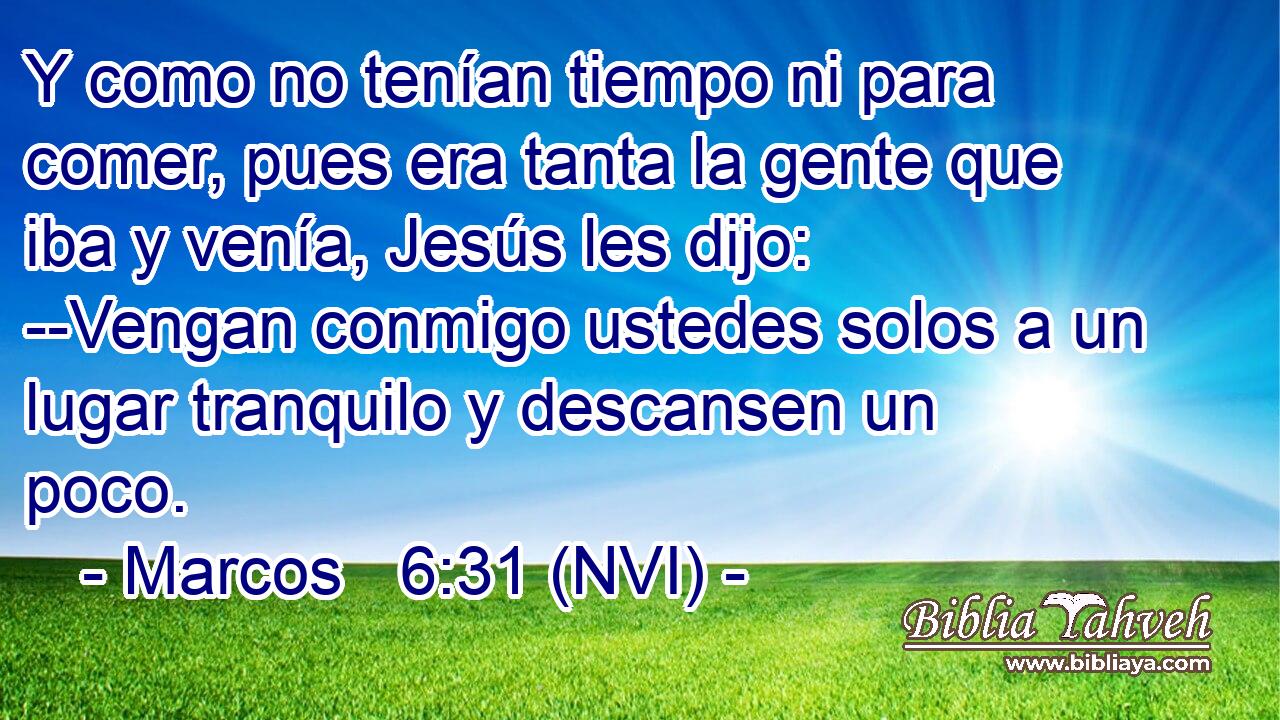  Y como no tenían tiempo ni para comer, pues era tanta la gente que iba y venía, Jesús les dijo: --Vengan conmigo ustedes solos a un lugar tranquilo y descansen un poco. 