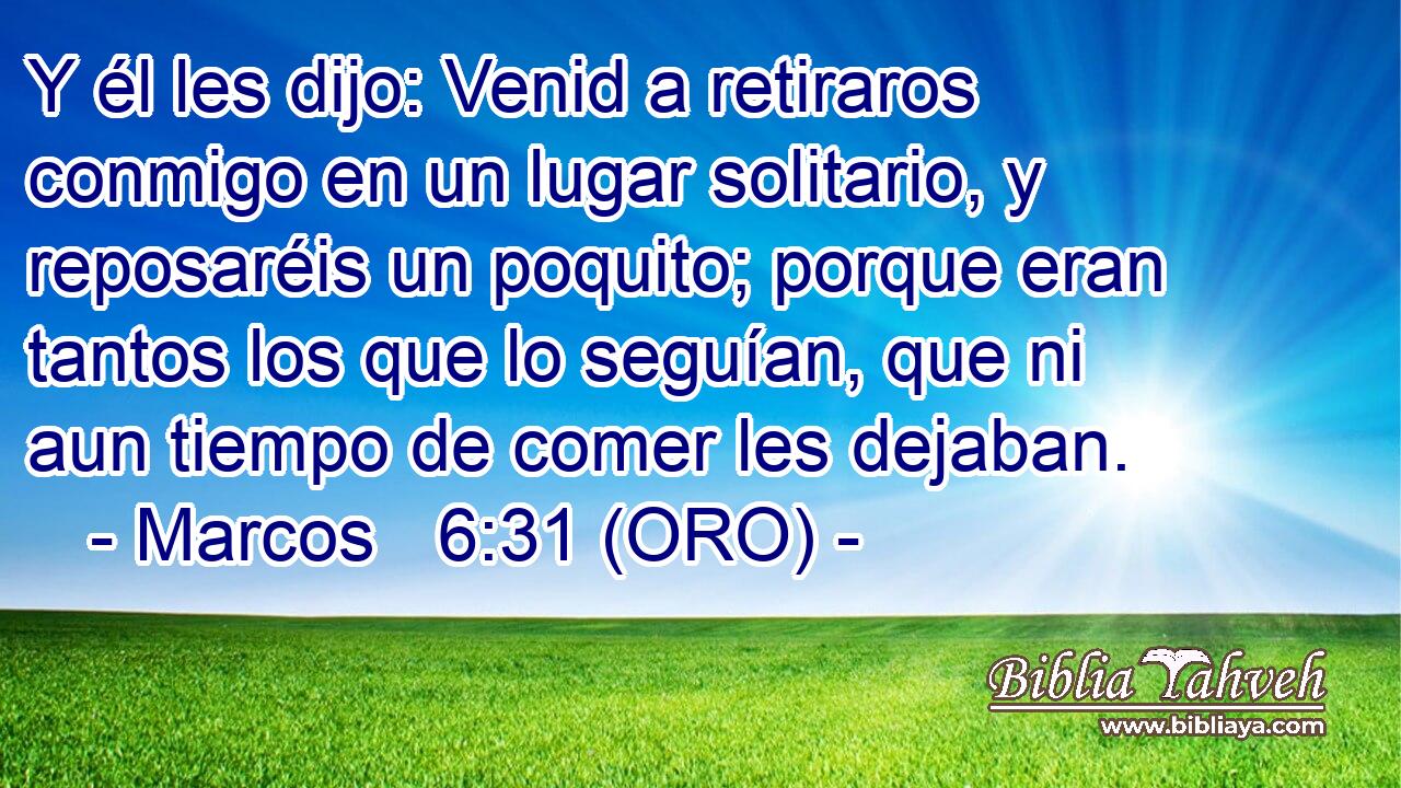  Y él les dijo: Venid a retiraros conmigo en un lugar solitario, y reposaréis un poquito; porque eran tantos los que lo seguían, que ni aun tiempo de comer les dejaban. 
