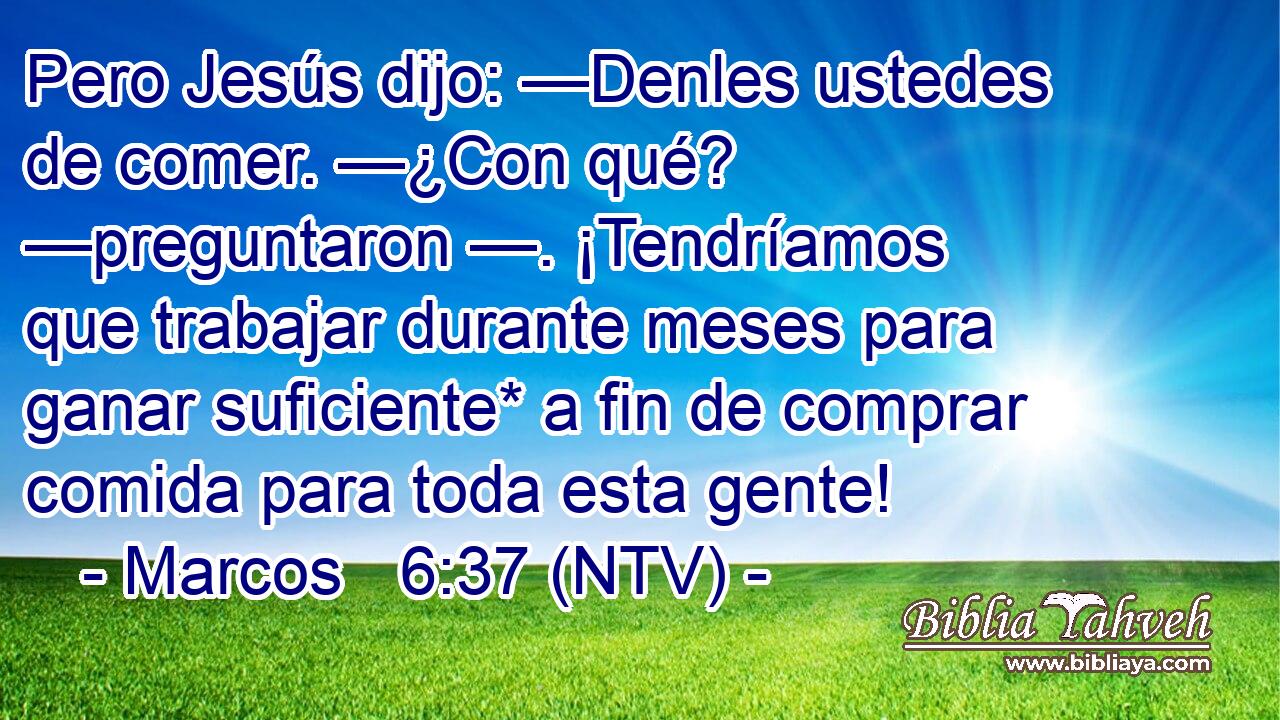 Pero Jesús dijo: —Denles ustedes de comer. —¿Con qué? —preguntaron —. ¡Tendríamos que trabajar durante meses para ganar suficiente* a fin de comprar comida para toda esta gente!