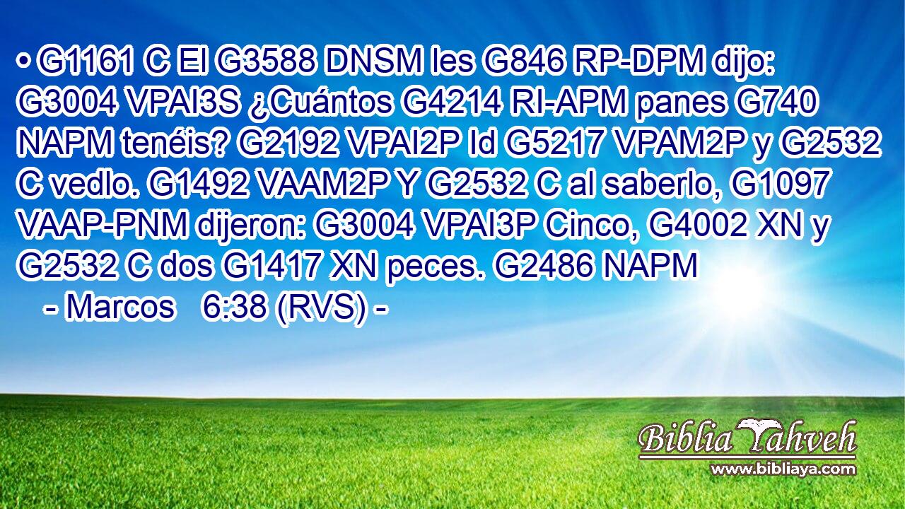 • G1161 C El G3588 DNSM les G846 RP-DPM dijo: G3004 VPAI3S ¿Cuántos G4214 RI-APM panes G740 NAPM tenéis? G2192 VPAI2P Id G5217 VPAM2P y G2532 C vedlo. G1492 VAAM2P Y G2532 C al saberlo, G1097 VAAP-PNM dijeron: G3004 VPAI3P Cinco, G4002 XN y G2532 C dos G1417 XN peces. G2486 NAPM 