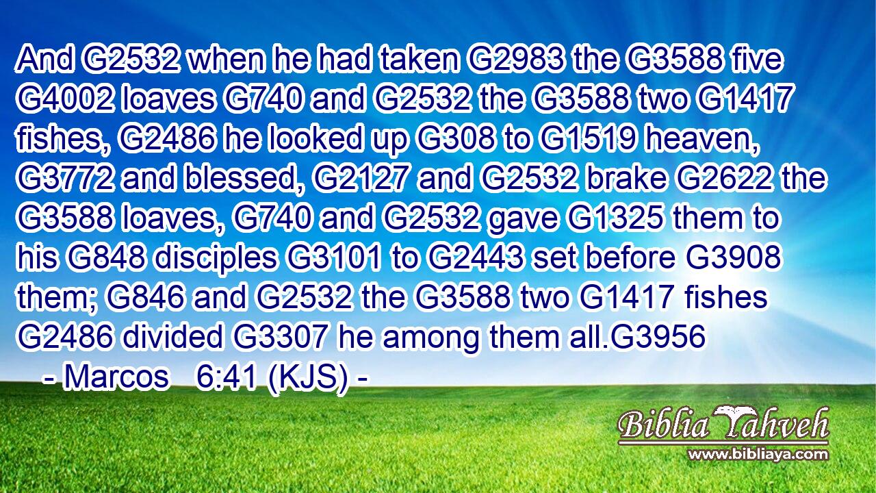 And G2532 when he had taken G2983 the G3588 five G4002 loaves G740 and G2532 the G3588 two G1417 fishes, G2486 he looked up G308 to G1519 heaven, G3772 and blessed, G2127 and G2532 brake G2622 the G3588 loaves, G740 and G2532 gave G1325 them to his G848 disciples G3101 to G2443 set before G3908 them; G846 and G2532 the G3588 two G1417 fishes G2486 divided G3307 he among them all.G3956