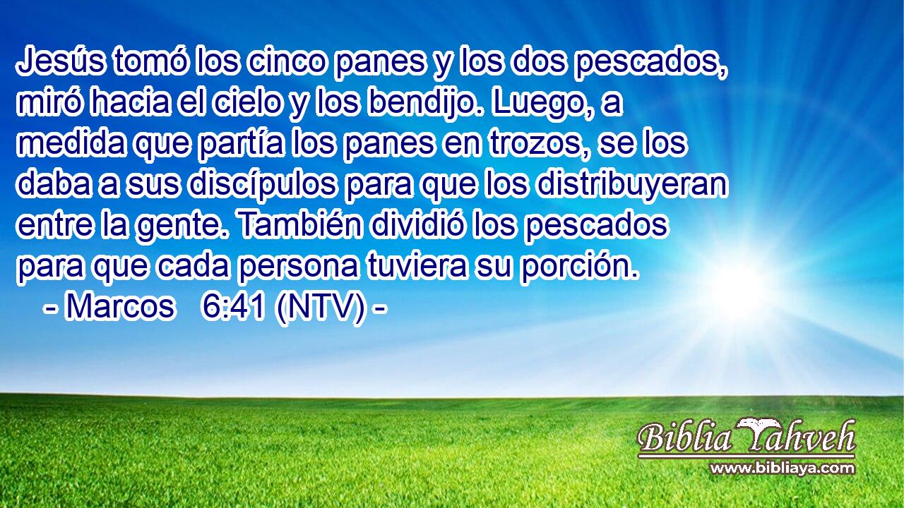 Jesús tomó los cinco panes y los dos pescados, miró hacia el cielo y los bendijo. Luego, a medida que partía los panes en trozos, se los daba a sus discípulos para que los distribuyeran entre la gente. También dividió los pescados para que cada persona tuviera su porción.