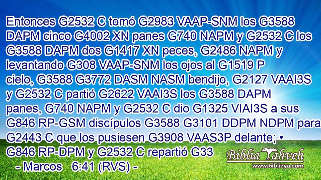Entonces G2532 C tomó G2983 VAAP-SNM los G3588 DAPM cinco G4002 XN panes G740 NAPM y G2532 C los G3588 DAPM dos G1417 XN peces, G2486 NAPM y levantando G308 VAAP-SNM los ojos al G1519 P cielo, G3588 G3772 DASM NASM bendijo, G2127 VAAI3S y G2532 C partió G2622 VAAI3S los G3588 DAPM panes, G740 NAPM y G2532 C dio G1325 VIAI3S a sus G846 RP-GSM discípulos G3588 G3101 DDPM NDPM para G2443 C que los pusiesen G3908 VAAS3P delante; • G846 RP-DPM y G2532 C repartió G33