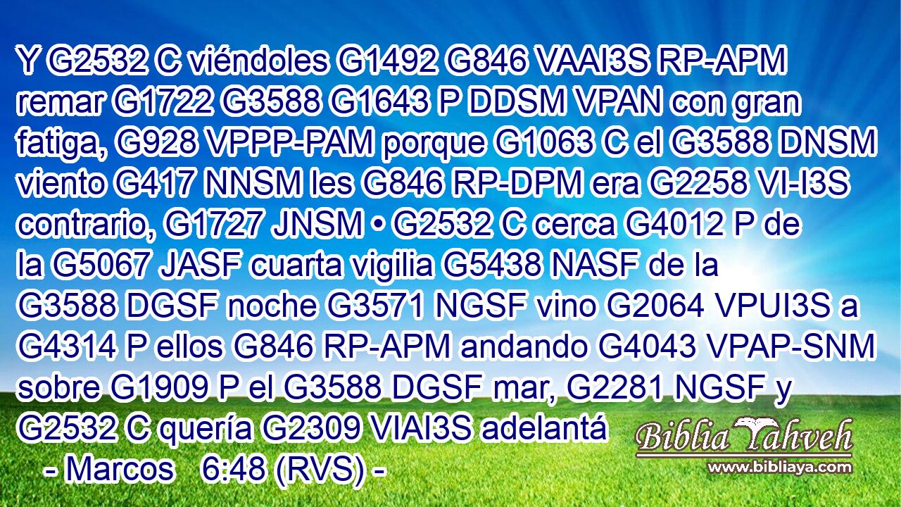 Y G2532 C viéndoles G1492 G846 VAAI3S RP-APM remar G1722 G3588 G1643 P DDSM VPAN con gran fatiga, G928 VPPP-PAM porque G1063 C el G3588 DNSM viento G417 NNSM les G846 RP-DPM era G2258 VI-I3S contrario, G1727 JNSM • G2532 C cerca G4012 P de la G5067 JASF cuarta vigilia G5438 NASF de la G3588 DGSF noche G3571 NGSF vino G2064 VPUI3S a G4314 P ellos G846 RP-APM andando G4043 VPAP-SNM sobre G1909 P el G3588 DGSF mar, G2281 NGSF y G2532 C quería G2309 VIAI3S adelantá