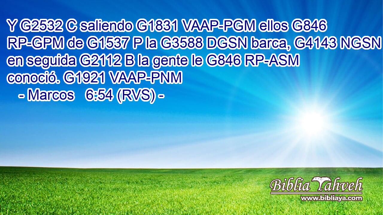 Y G2532 C saliendo G1831 VAAP-PGM ellos G846 RP-GPM de G1537 P la G3588 DGSN barca, G4143 NGSN en seguida G2112 B la gente le G846 RP-ASM conoció. G1921 VAAP-PNM 