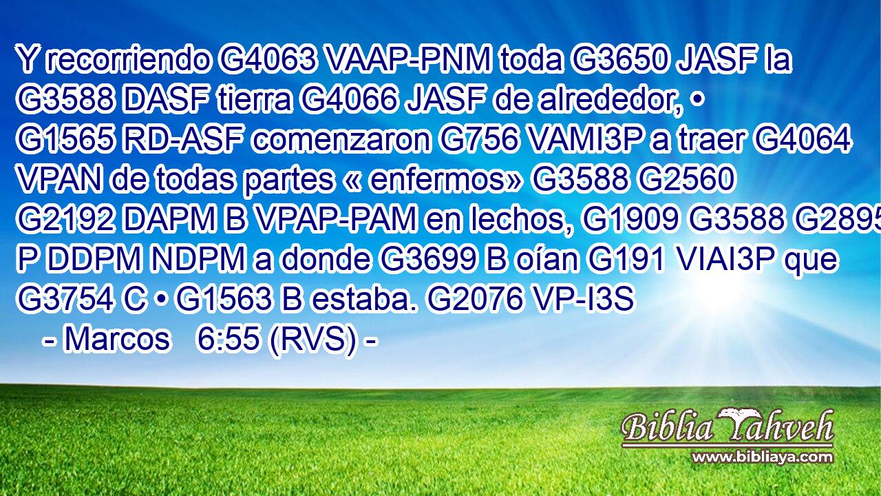 Y recorriendo G4063 VAAP-PNM toda G3650 JASF la G3588 DASF tierra G4066 JASF de alrededor, • G1565 RD-ASF comenzaron G756 VAMI3P a traer G4064 VPAN de todas partes « enfermos» G3588 G2560 G2192 DAPM B VPAP-PAM en lechos, G1909 G3588 G2895 P DDPM NDPM a donde G3699 B oían G191 VIAI3P que G3754 C • G1563 B estaba. G2076 VP-I3S 