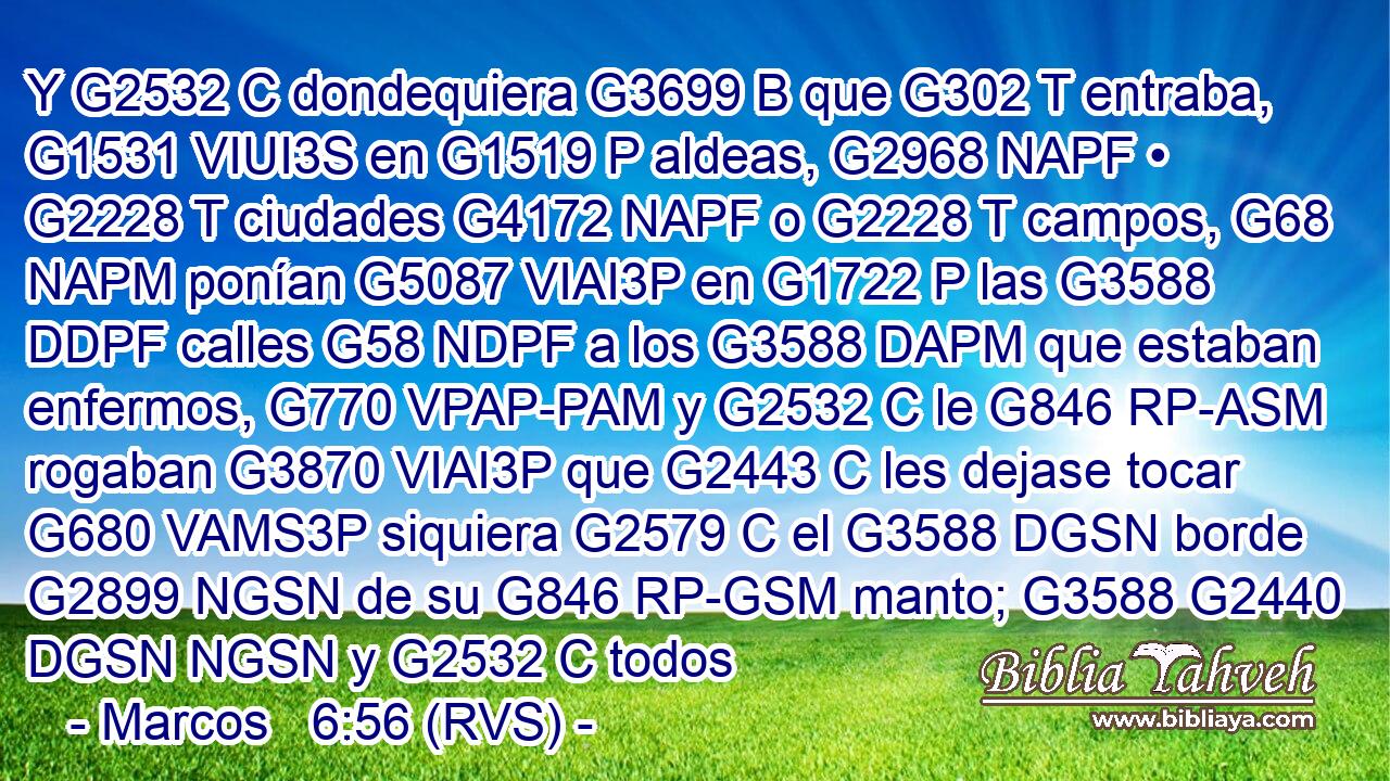 Y G2532 C dondequiera G3699 B que G302 T entraba, G1531 VIUI3S en G1519 P aldeas, G2968 NAPF • G2228 T ciudades G4172 NAPF o G2228 T campos, G68 NAPM ponían G5087 VIAI3P en G1722 P las G3588 DDPF calles G58 NDPF a los G3588 DAPM que estaban enfermos, G770 VPAP-PAM y G2532 C le G846 RP-ASM rogaban G3870 VIAI3P que G2443 C les dejase tocar G680 VAMS3P siquiera G2579 C el G3588 DGSN borde G2899 NGSN de su G846 RP-GSM manto; G3588 G2440 DGSN NGSN y G2532 C todos 