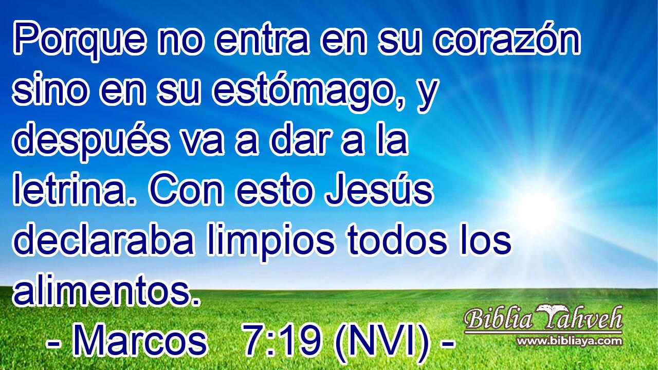  Porque no entra en su corazón sino en su estómago, y después va a dar a la letrina. Con esto Jesús declaraba limpios todos los alimentos. 