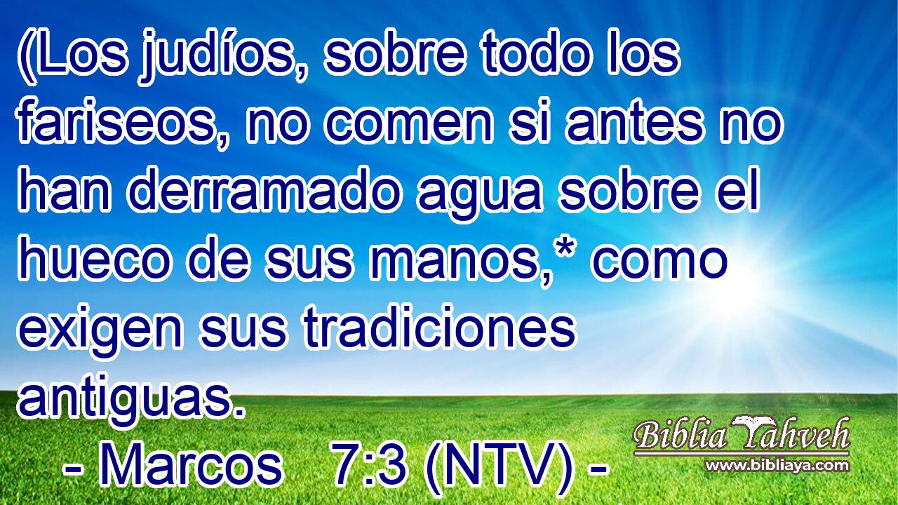 (Los judíos, sobre todo los fariseos, no comen si antes no han derramado agua sobre el hueco de sus manos,* como exigen sus tradiciones antiguas.