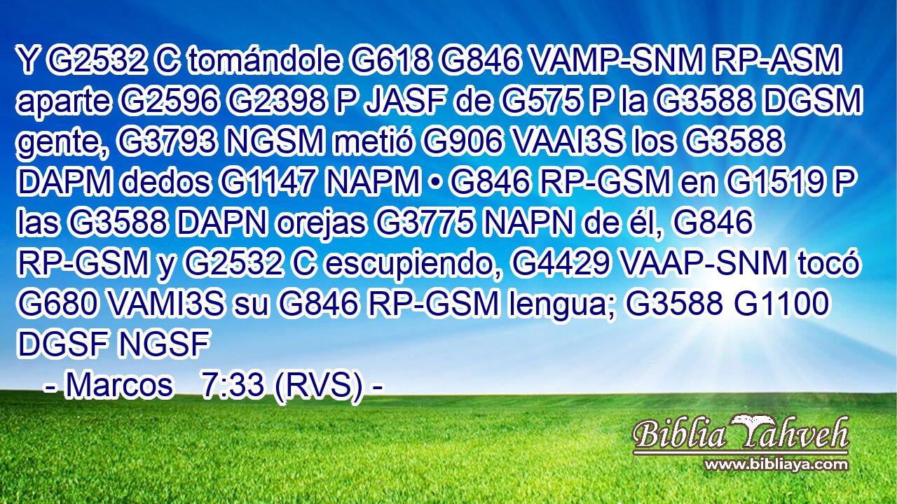 Y G2532 C tomándole G618 G846 VAMP-SNM RP-ASM aparte G2596 G2398 P JASF de G575 P la G3588 DGSM gente, G3793 NGSM metió G906 VAAI3S los G3588 DAPM dedos G1147 NAPM • G846 RP-GSM en G1519 P las G3588 DAPN orejas G3775 NAPN de él, G846 RP-GSM y G2532 C escupiendo, G4429 VAAP-SNM tocó G680 VAMI3S su G846 RP-GSM lengua; G3588 G1100 DGSF NGSF 