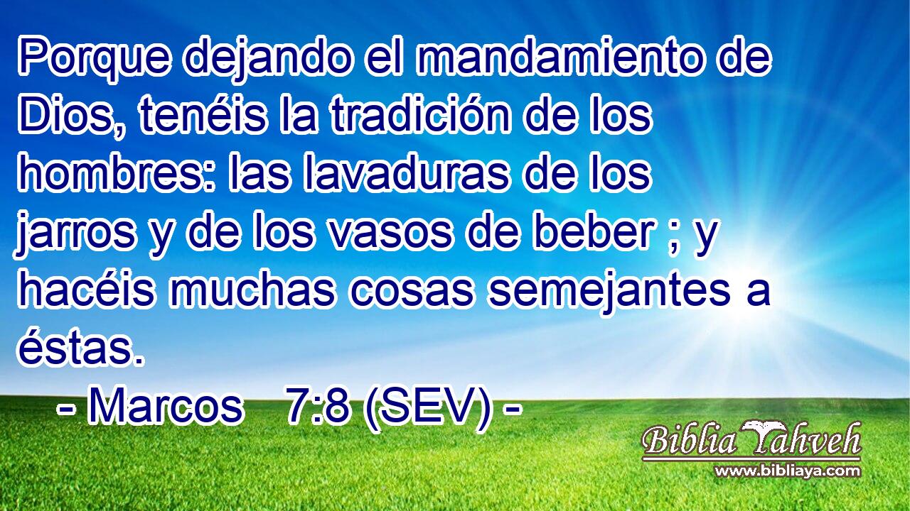 Porque dejando el mandamiento de Dios, tenéis la tradición de los hombres: las lavaduras de los jarros y de los vasos de beber ; y hacéis muchas cosas semejantes a éstas.