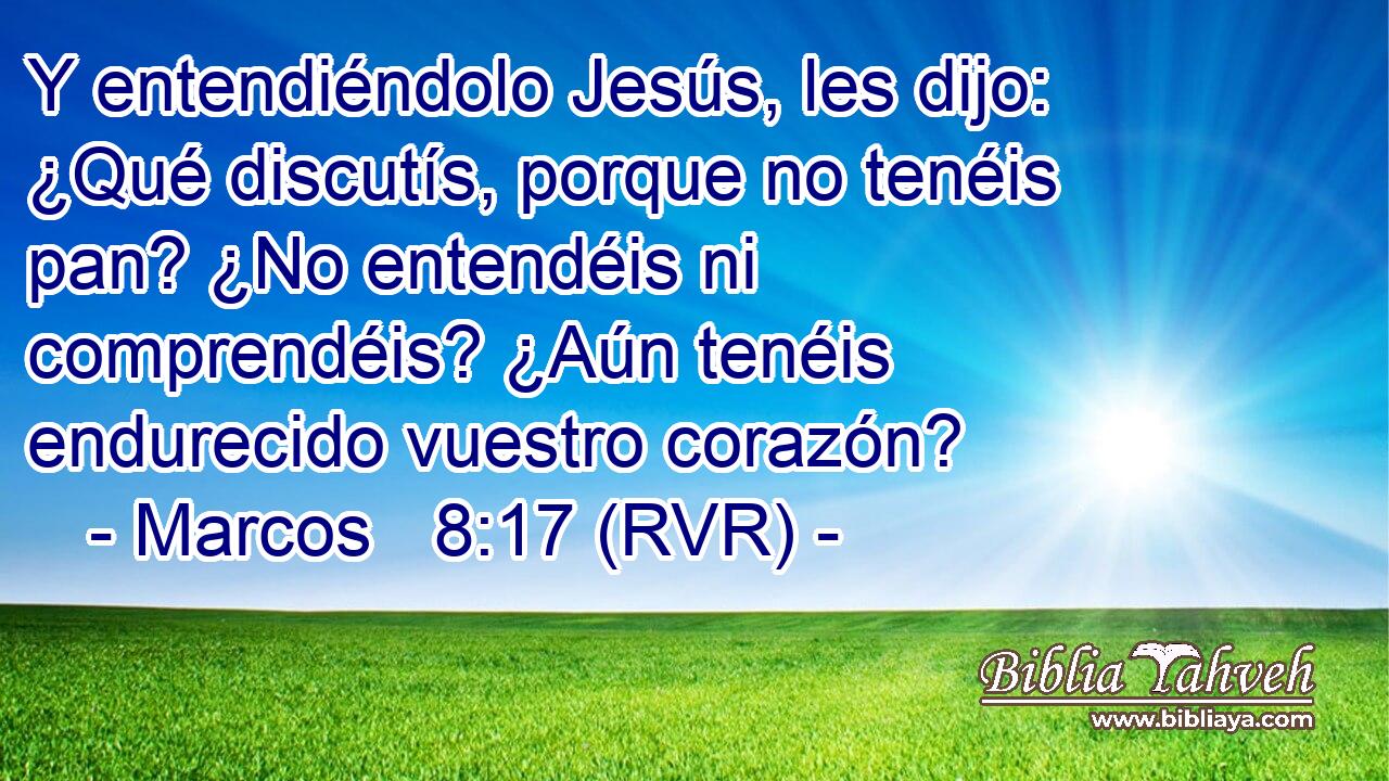 Y entendiéndolo Jesús, les dijo: ¿Qué discutís, porque no tenéis pan? ¿No entendéis ni comprendéis? ¿Aún tenéis endurecido vuestro corazón?