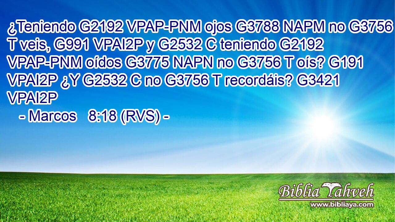 ¿Teniendo G2192 VPAP-PNM ojos G3788 NAPM no G3756 T veis, G991 VPAI2P y G2532 C teniendo G2192 VPAP-PNM oídos G3775 NAPN no G3756 T oís? G191 VPAI2P ¿Y G2532 C no G3756 T recordáis? G3421 VPAI2P 