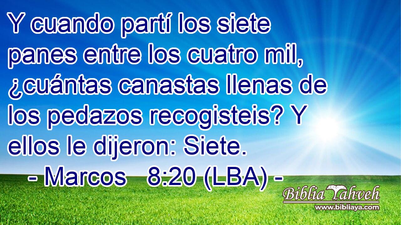 Y cuando partí los siete panes entre los cuatro mil, ¿cuántas canastas llenas de los pedazos recogisteis? Y ellos le dijeron: Siete.
