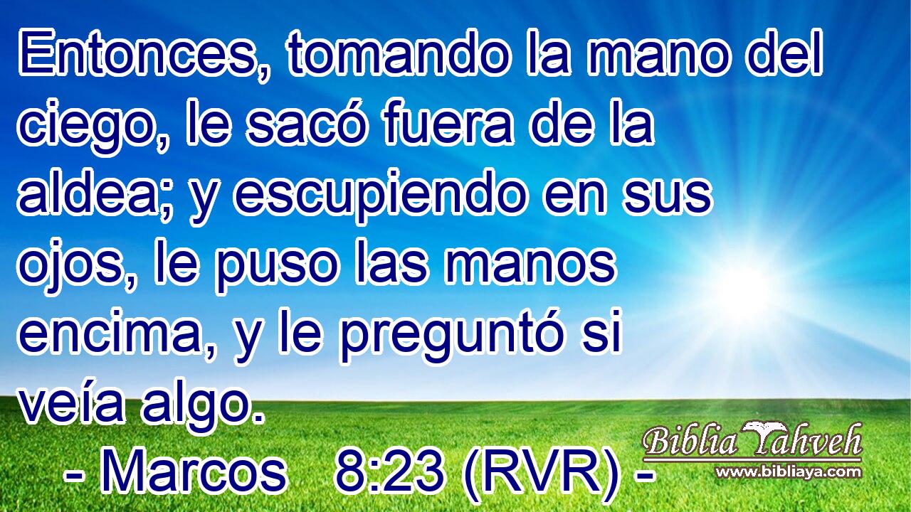 Entonces, tomando la mano del ciego, le sacó fuera de la aldea; y escupiendo en sus ojos, le puso las manos encima, y le preguntó si veía algo.