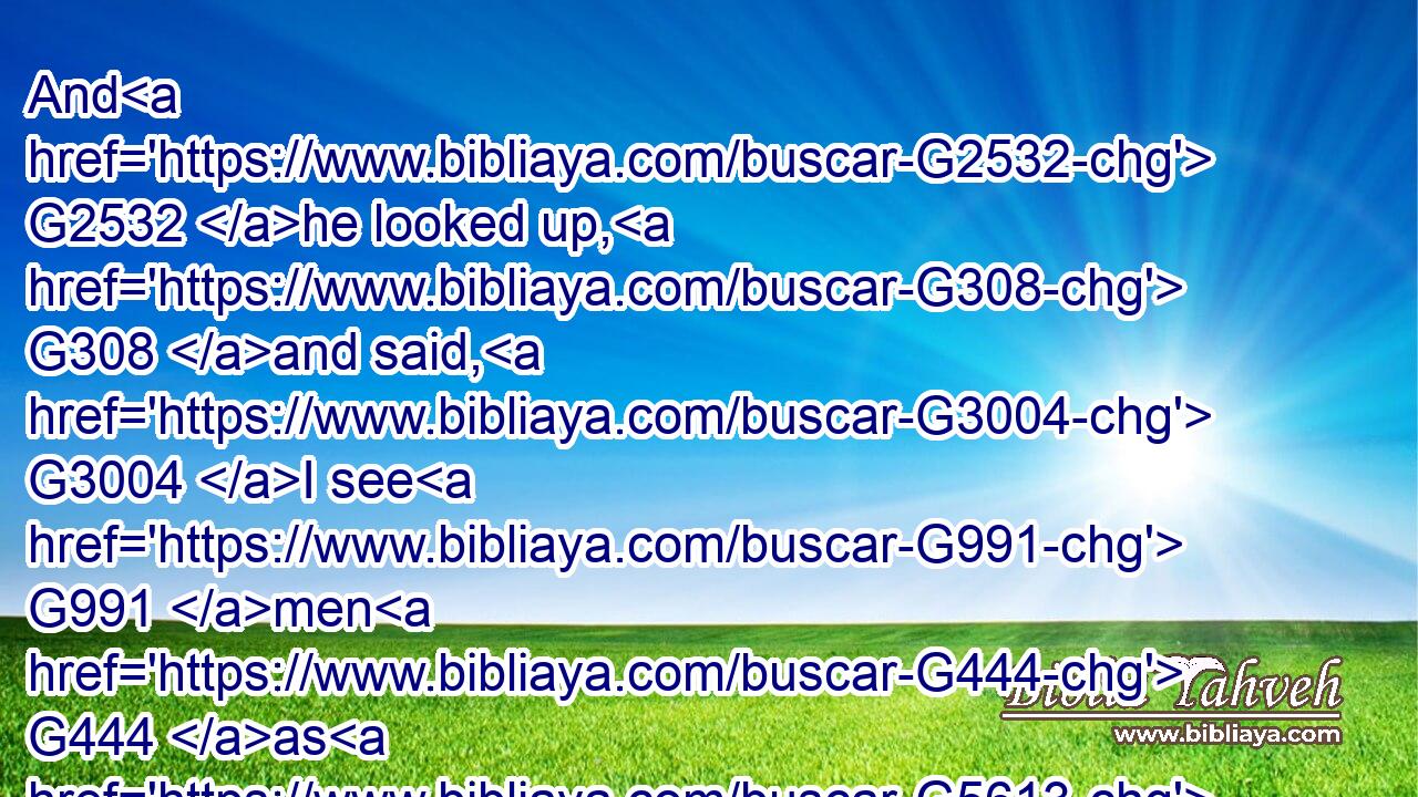 And G2532 he looked up, G308 and said, G3004 I see G991 men G444 as G5613 trees, G1186 walking.G4043