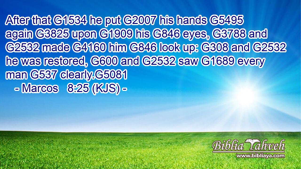 After that G1534 he put G2007 his hands G5495 again G3825 upon G1909 his G846 eyes, G3788 and G2532 made G4160 him G846 look up: G308 and G2532 he was restored, G600 and G2532 saw G1689 every man G537 clearly.G5081