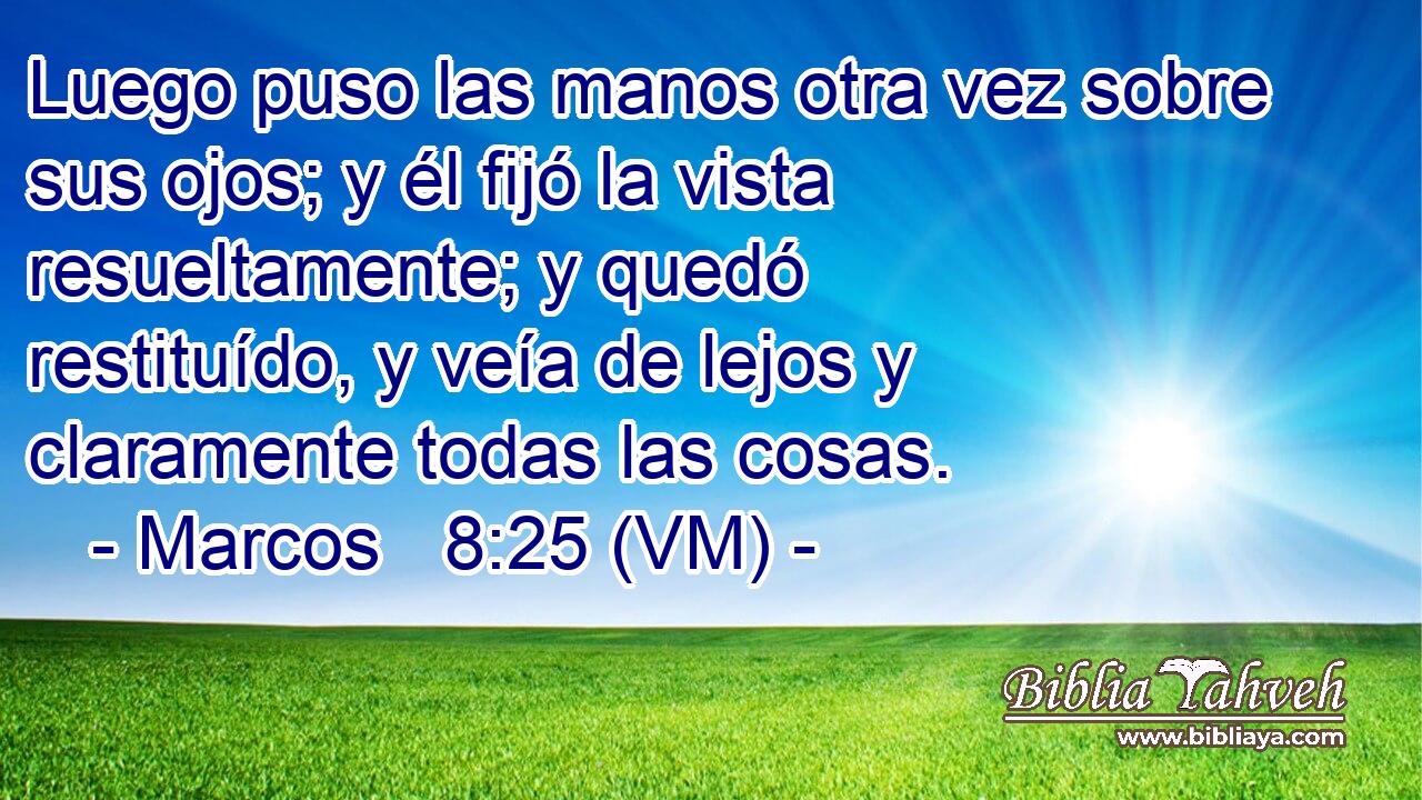  Luego puso las manos otra vez sobre sus ojos; y él fijó la vista resueltamente; y quedó restituído, y veía de lejos y claramente todas las cosas. 