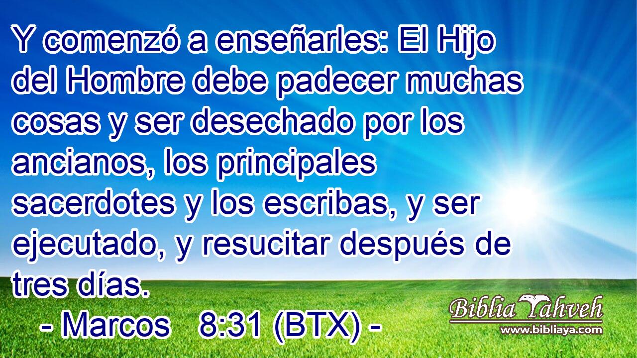 Y comenzó a enseñarles: El Hijo del Hombre debe padecer muchas cosas y ser desechado por los ancianos, los principales sacerdotes y los escribas, y ser ejecutado, y resucitar después de tres días.