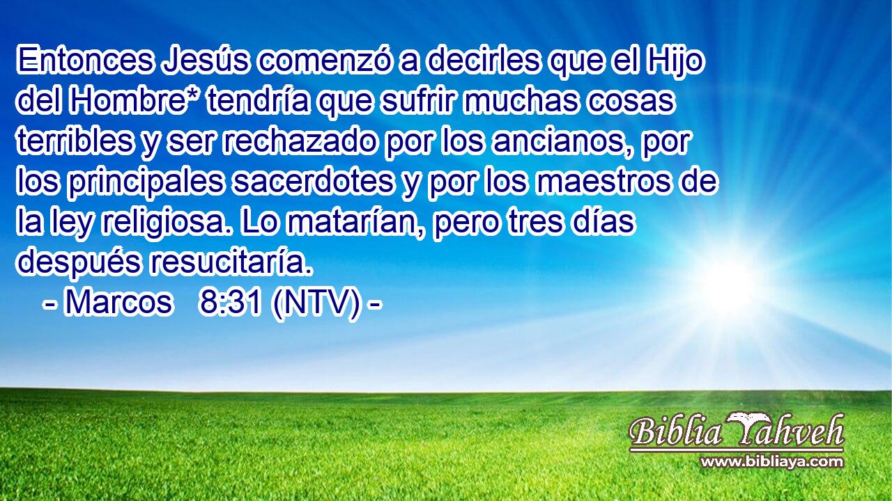 Entonces Jesús comenzó a decirles que el Hijo del Hombre* tendría que sufrir muchas cosas terribles y ser rechazado por los ancianos, por los principales sacerdotes y por los maestros de la ley religiosa. Lo matarían, pero tres días después resucitaría.