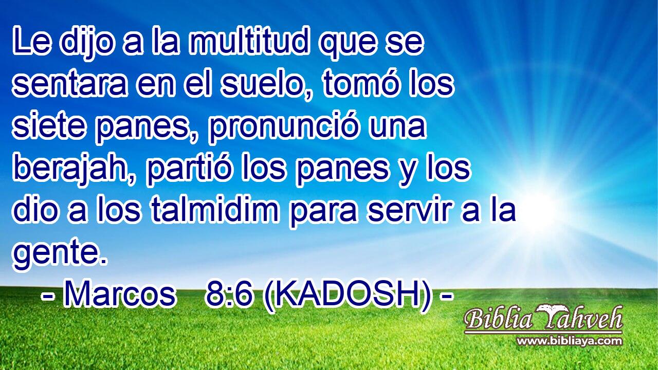  Le dijo a la multitud que se sentara en el suelo, tomó los siete panes, pronunció una berajah, partió los panes y los dio a los talmidim para servir a la gente. 
