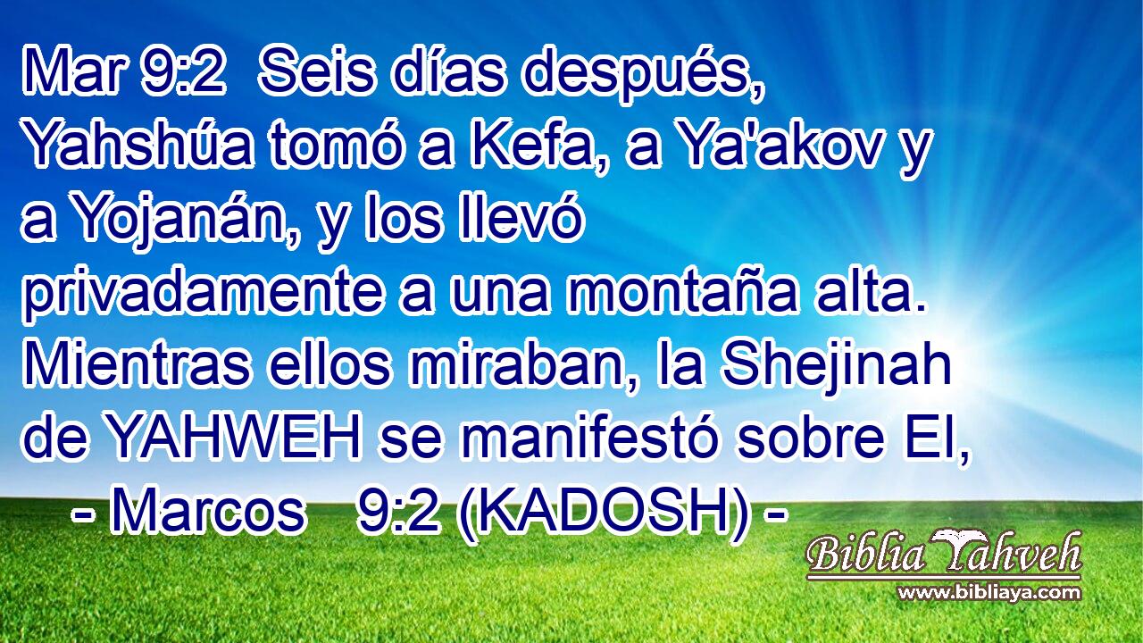  Seis días después, Yahshúa tomó a Kefa, a Ya'akov y a Yojanán, y los llevó privadamente a una montaña alta. Mientras ellos miraban, la Shejinah de YAHWEH se manifestó sobre El, 