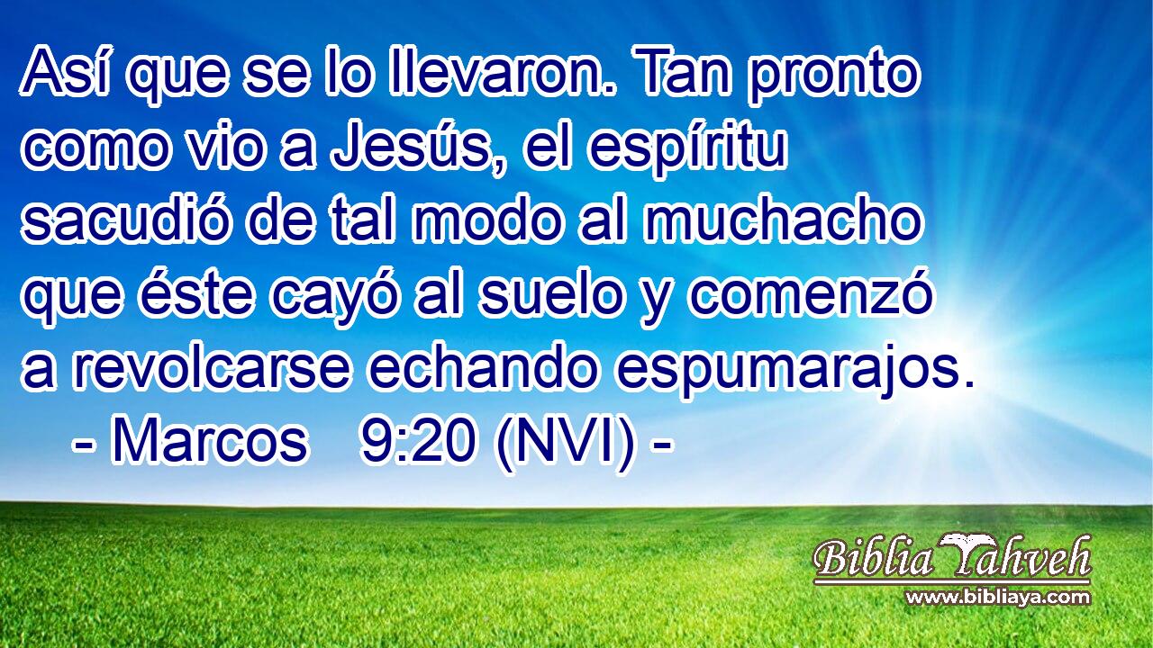  Así que se lo llevaron. Tan pronto como vio a Jesús, el espíritu sacudió de tal modo al muchacho que éste cayó al suelo y comenzó a revolcarse echando espumarajos. 