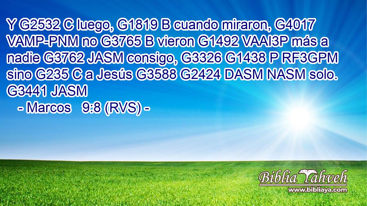 Y G2532 C luego, G1819 B cuando miraron, G4017 VAMP-PNM no G3765 B vieron G1492 VAAI3P más a nadie G3762 JASM consigo, G3326 G1438 P RF3GPM sino G235 C a Jesús G3588 G2424 DASM NASM solo. G3441 JASM 